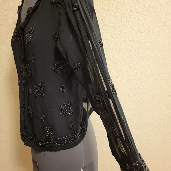 Papillon Sheer Black Beaded & Sequined Button-Up Top Size Large - Picture 7 of 13